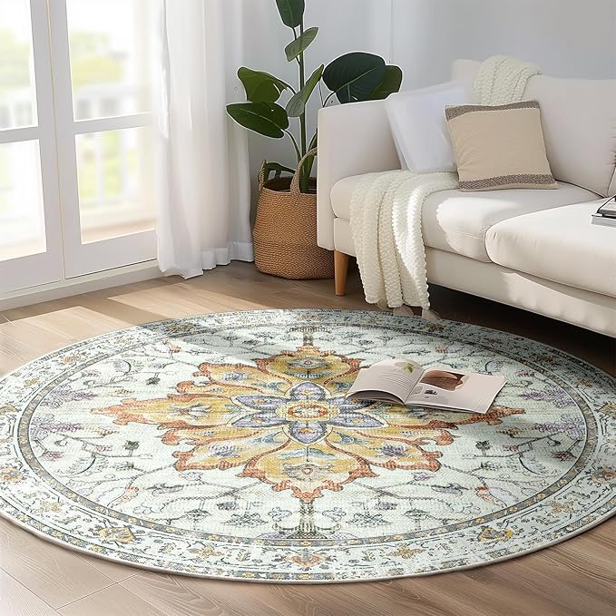 Area Rugs 5ft Washable Non-Slip, Floral Vintage Distress Print Pattern Medallion Carpet for Living Room Bedroom Dining Room, Light Yellow Carbon Grey Orange