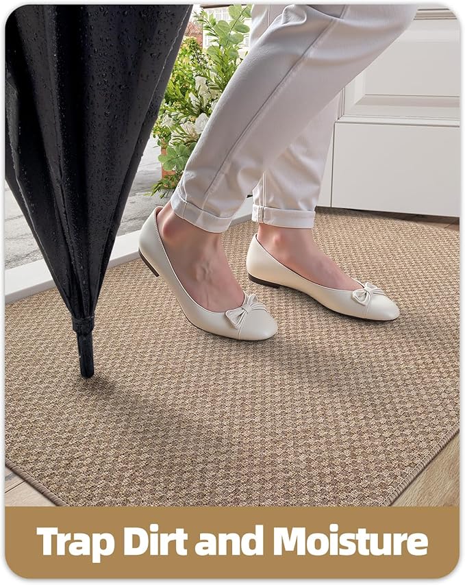 Color&Geometry Thin Front Door Mat Indoor Entrance Non Slip Rubber Backed, 17.5"x30" Indoor Door Mats for Entryway, Dirt Trapper Doormat Washable Front Door Rugs, Khaki (Rolled-up NO Creases)