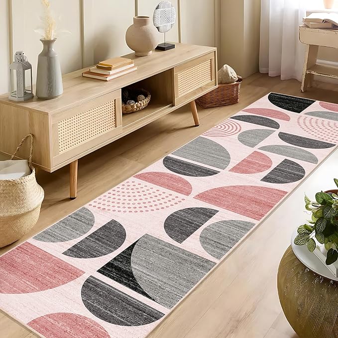 MUJOO Pink Runner Rug Washable,Boho 2x8 Area Rugs for Hallways Kitchen Bedroom Entryway Bathroom,Non Slip Carpet Long Mat Indoor,Soft Modern Abstract Pink and Grey