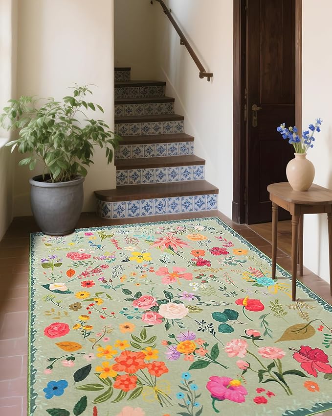Area Rug 8x10, Washable Large Rugs for Living Room, Non Slip 0.27" Low Pile Vintage Floral Large Carpet for Bedroom, Dining Room, Kids Playroom (Green)
