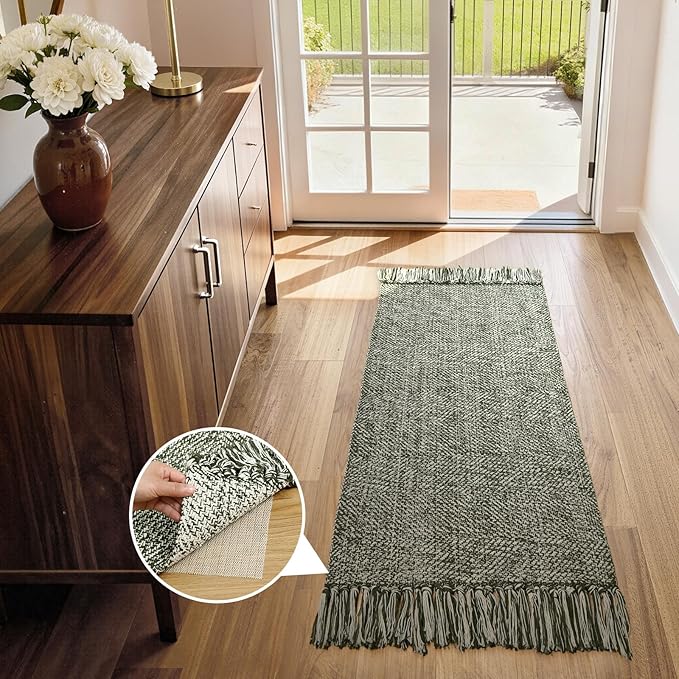 Collive Washable Kitchen Runner Rug, Modern Farmhouse Hand Woven Entryway Rugs Non Slip, Cotton Reversible Bathroom Carpet for Bedroom Hallway Foyer Back Door Decor, 2 x 4.3 ft Olive Green/Cream