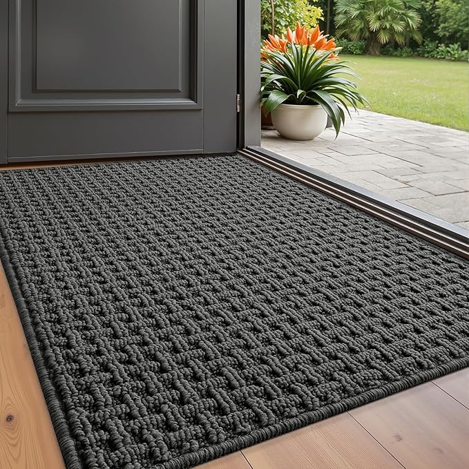 LUMI Washable Door Mat Indoor Entrance 17x30, Dirt Trapper Front Door Mats with Absorbent Interior and Non-Slip Rubber Backing, Entryway Doormat, Grey
