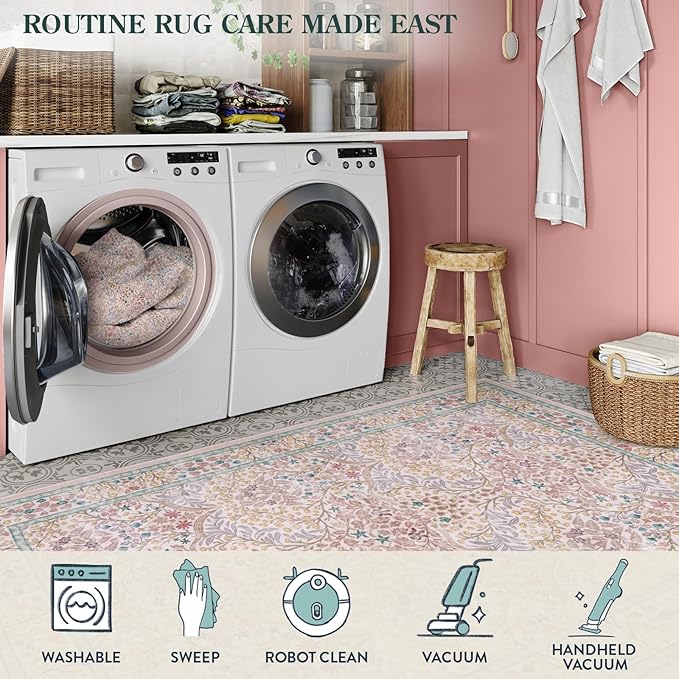 Lahome Floral Washable Area Rugs 5x7, Soft Pink Rugs for Living Room Bedroom, Boho Non Slip Low Pile Forest Stain Resistance Large Throw Carpet for Farmhouse Dining Room Office, Pink