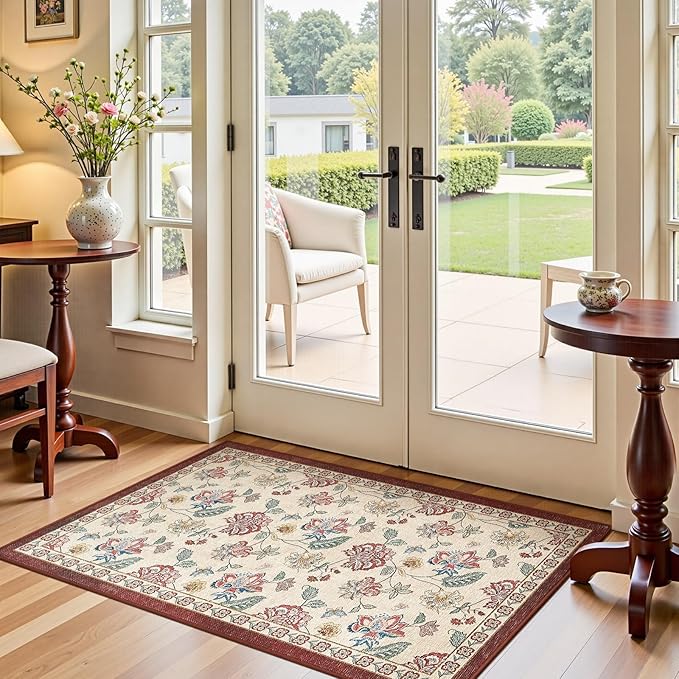 jinchan Elora 3x5 Floral Rug for Entryway Washable Kitchen Rug Vintage Romance Design Small Mat Non Slip Indoor Doormat Lightweight Low-Profile Throw Carpet for Bathroom Laundry Room, Red/Beige