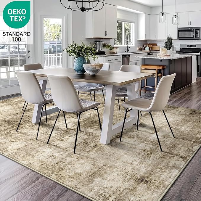 5x7 Machine Washable Area Rug for Living Room, Brown Modern Vintage Abstract Rug Large Non-Slip Low Pile Soft Faux Wool Carpet, Kids and Pets Friendly for Bedroom Dining Room Farmhouse Home Decor Rug
