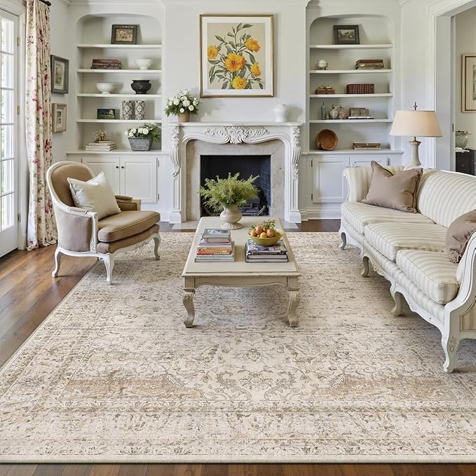 10x12 Beige Area Rug Vintage Living Room Bedroom Washable Carpet Non-Slip Soft Low Pile Distressed Indoor Large Throw Rug for Dining Room Office