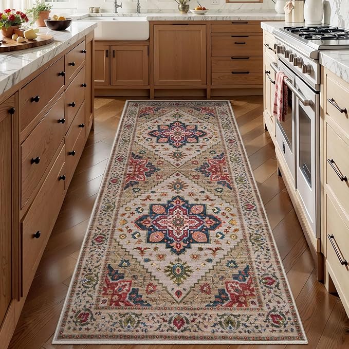Tangsoo 2x6 Washable Runner Rug for Hallways, Non Slip Vintage Runner Rug, Soft Boho Low Pile Long Rug Runner, Carpet Runners for Kitchen Bedroom Entryway Bathroom Living Room Beige/Red