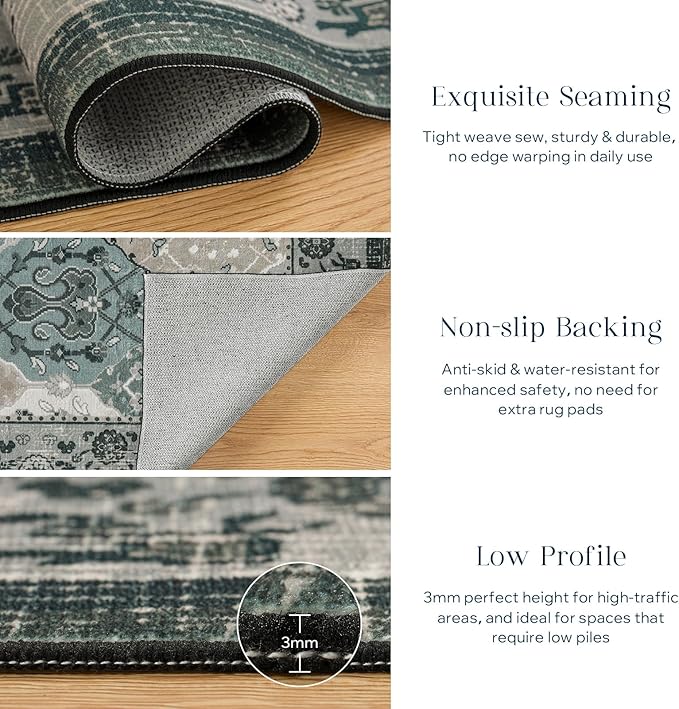Phantoscope Washable Area Rug 4'x6' Non-Slip, Vintage Boho Rugs for Living Room, Bedroom, Dining Room, Distressed Moroccan Mosaic Diamond Pattern, Low-Pile Foldable Floor Carpet, Grey Charcoal