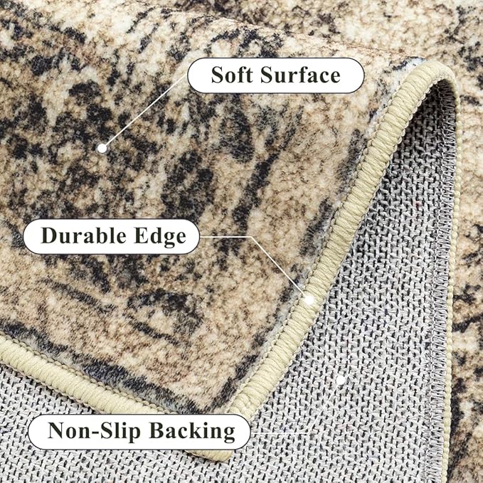 4x6 Area Rug Washable Vintage Neutral Entryway Living Room Carpet Indoor Office Non Slip Brown Entrance Distressed Low Pile Retro Accent Throw Rug for Dining Room Bathroom Bedroom Laundry