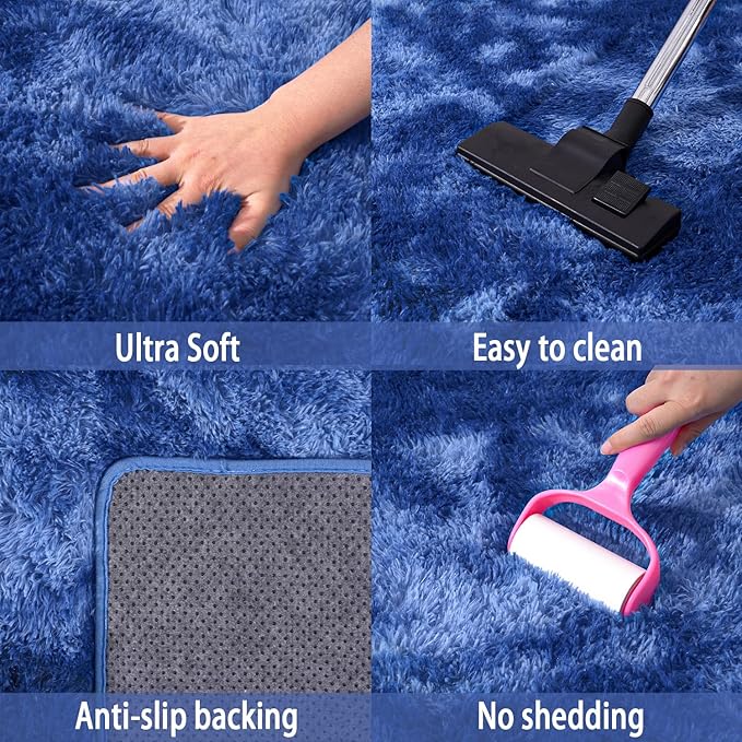 Extra Large 9x12 Feet Fuzzy Rug Fluffy Rug for Living Room, Big Plush Non-Skid Shag Carpet, Soft Shaggy Purple Gray Rugs for Bedroom Indoor Modern Home Decor Tie Dye Blue