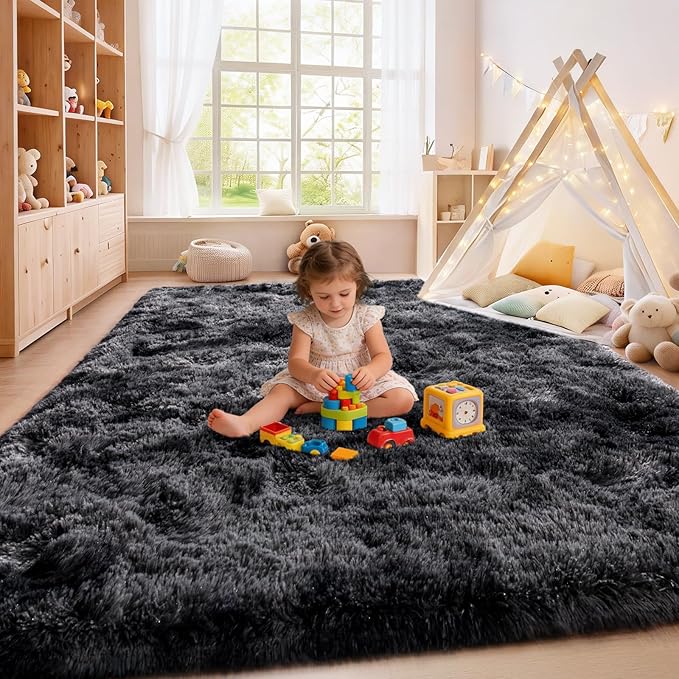 Shaggy Soft Fluffy Rug Non-Slip Indoor Floor Carpet for Living Room Anti-Skid Indoor Carpet Tie-Dyed Black Grey 5x7 Feet
