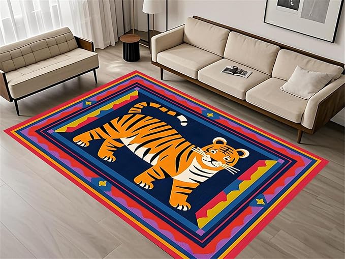 Cartoon Tiger Area Rug, 3x5ft,Tiger Theme Decorative Rug Suitable for Living Room Sofa Area, Modern Abstract Non-Slip Washable Tiger Pattern Rug Suitable for Bedroom Children's Room Decoration