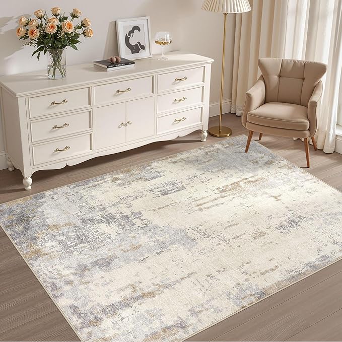 4x6 Area Rug Living Room Rugs - Washable Neutral Modern Abstract Soft Thin Rug Indoor Floor No Slip Rug Carpet for Bedroom Under Dining Table Home Office Decor - Light Brown/Gray