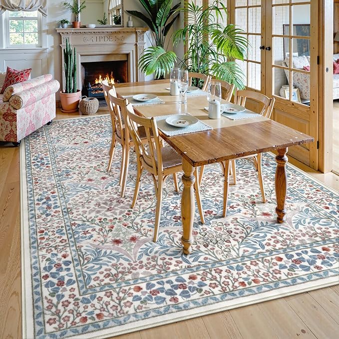 Lahome Floral Washable Rugs 8x10, Soft 8x10 Area Rugs for Living Room Bedroom, Boho Non-Slip Forest Stain Resistance Large Throw Carpet for Farmhouse Dining Room Office, Beige/Blue