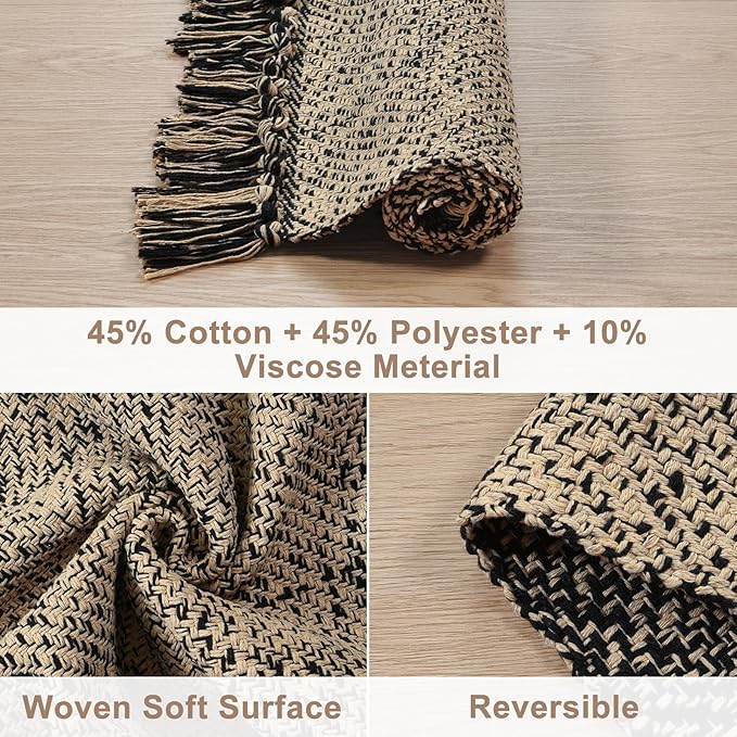 Collive Farmhouse Hallway Runner Rug, 2x6 Hand-Woven Reversible Washable Runners for Kitchen Floor, Natural/Black Cotton Laundry Room Rugs Modern Boho Kitchen Sink Carpet for Bathroom Foyer Bedroom