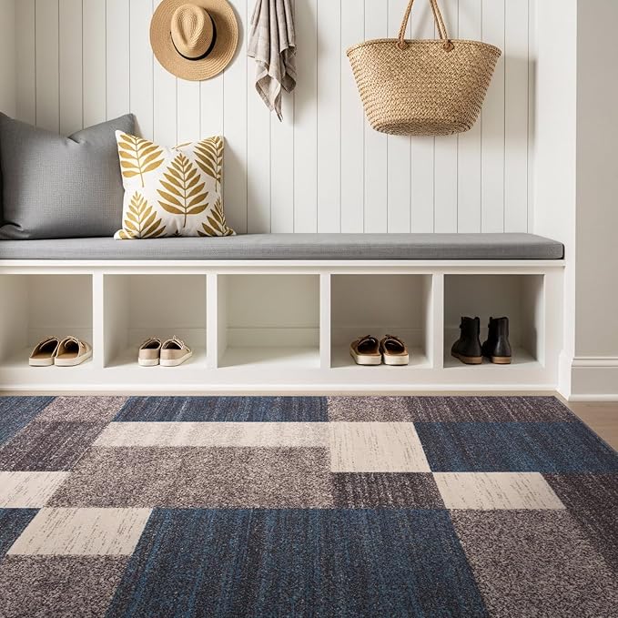 Rugshop Contemporary Blue Geometric Boxes Non-Slip Area Rug Non-Shedding for Living Room, Dining Room and Office, 3'3" x 5'