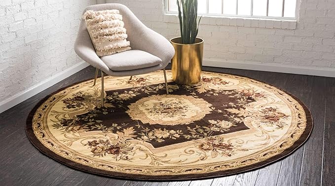 Unique Loom Versailles Collection Traditional Classic Floral Motif Area Rug (6' 0 x 6' 0 Round, Brown/ Ivory)