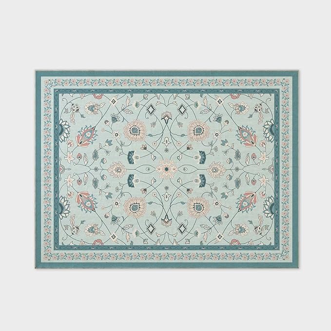 EVERGRACE Area Rugs for Living Room 9x12, Boho Floral Faux Wool Indoor Outdoor Rugs, Washable Rugs for Bedroom Dining Room Entryway Kitchen, Low Pile Floor Mat Carpet for Home Decor, Pale Blue