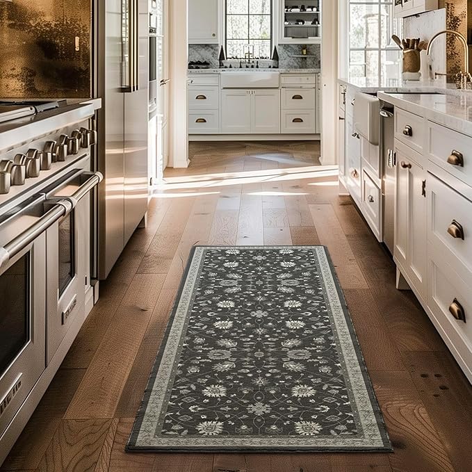 EVERGRACE Hallyway Area Runner Rugs 2x6, Boho Floral Faux Wool Indoor Outdoor Rugs, Washable Rugs for Bedroom Bathroom Living Room Kitchen, Low Pile Floor Mat Carpet for Home Decor, Ebony Black