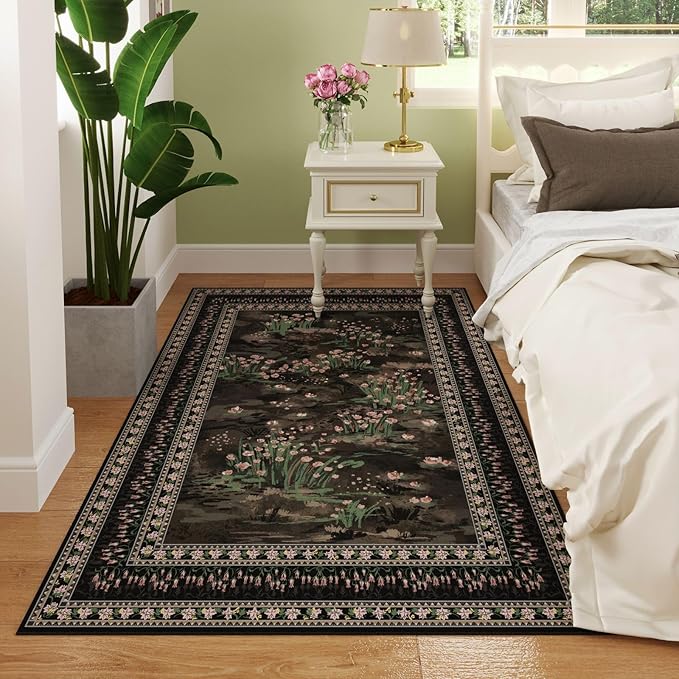 Rugcomf 3x5 Washable Rug Impressionist-Style Vintage Non Slip Low Pile Small Carpet for Bedroom Bedside Kitchen Entryway Kids Room Office College Dorm Essentials for Girls, Black