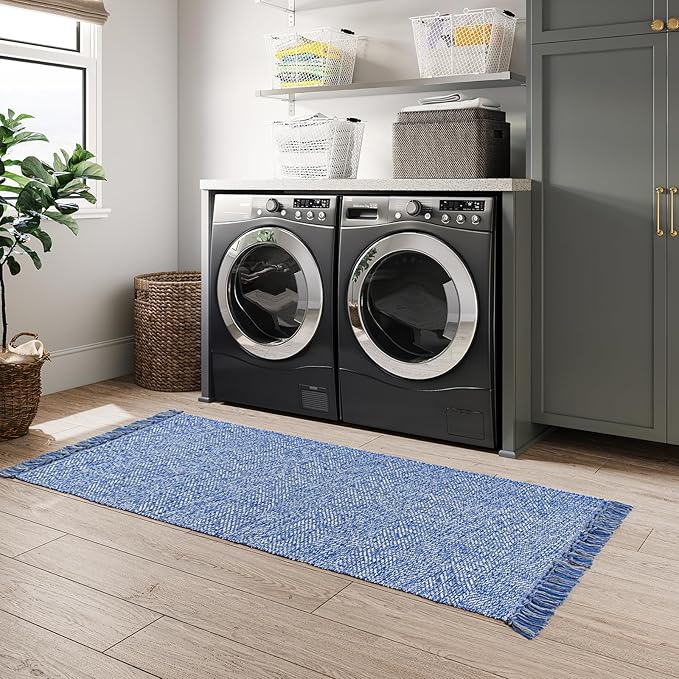 Collive Hallway Runner Rug, 2' x 6' Hand-Woven Reversible Washable Entryway Rug, Blue Cotton Modern Farmhouse Laundry Room Rug Long Carpet for Bathroom Sink Foyer Bedroom