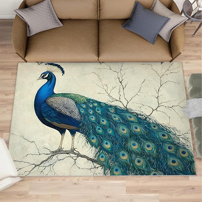 Peacock Area Rug 2x3-2x3 Rug, Peafowl Rugs for Living Room, Teal Turquoise Carpet, Modern Style Washable Area Rugs for Bedroom, Peacock Feather Carpet - Peafowl Home Decor & Gifts