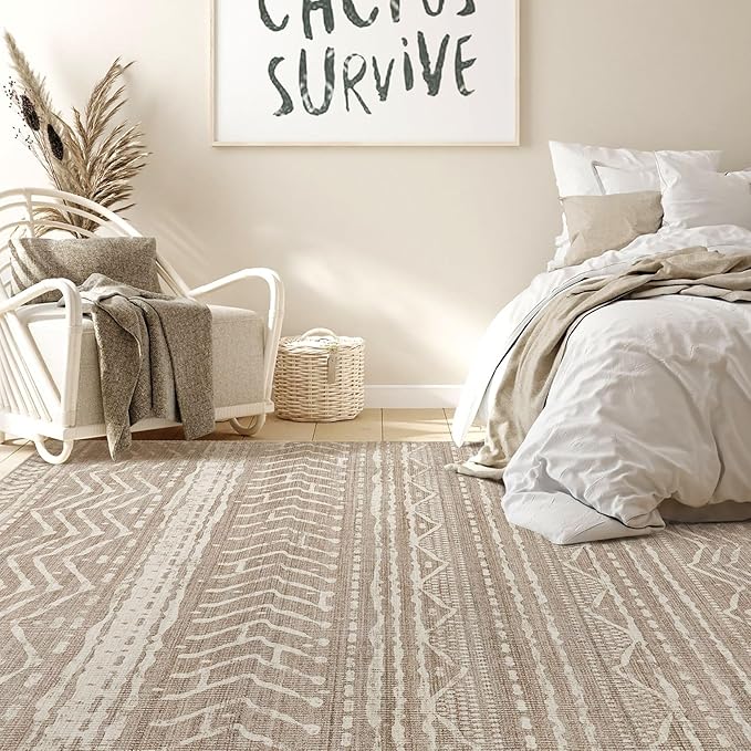 Nakagishi 7x9 Area Rugs Living Room: Washable Boho Large Neutral Soft Farmhouse Rug Stain Resistant Modern Geometric Non-Slip Indoor Floor Carpet for Bedroom Nursery Kids Playroom Office Dining Room