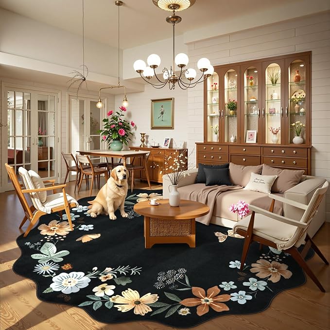 Lahome Floral Washable Round Area Rug, Soft Round Rugs 6ft Ultra-Thin Non-Slip, Boho Large Circle Carpet for Bedroom Living Room Kitchen Nursery, Black/Grey
