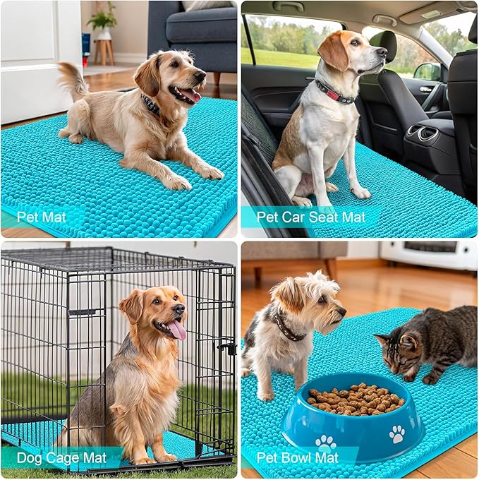 OLANLY Dog Door Mat for Muddy Paws 30x20, Absorbs Moisture and Dirt, Absorbent Non-Slip Washable Doormat, Quick Dry Chenille Mud Mat for Dogs, Entry Indoor Entryway Carpet for Inside Floor, Aqua Blue