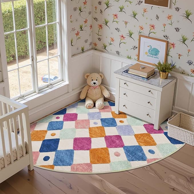 jinchan Macy Kids Rug for Nursery 5ft Radius Corner Washable Area Rug Modern Colorful Quarter Circle Rug Soft Non-Slip Carpet for Bedroom Playroom Daycare Reading Nook Classroom Berries on Cream