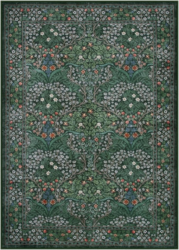 Lahome Floral Washable Rugs 5x7, Soft Green Rugs for Bedroom Living Room, Boho Non Slip Low Pile Forest Stain Resistance Large Throw Carpet for Farmhouse Dining Room Office, Dark Green