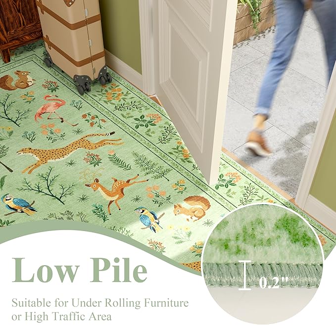 DUKINO 2x5 Rug for Hallway, Washable Kitchen Runner Rug with Non Slip Backing, Soft Low Pile Vintage Animal Runner for Bedroom, Kitchen, Hallway, Entryway, Laundry, Light Green