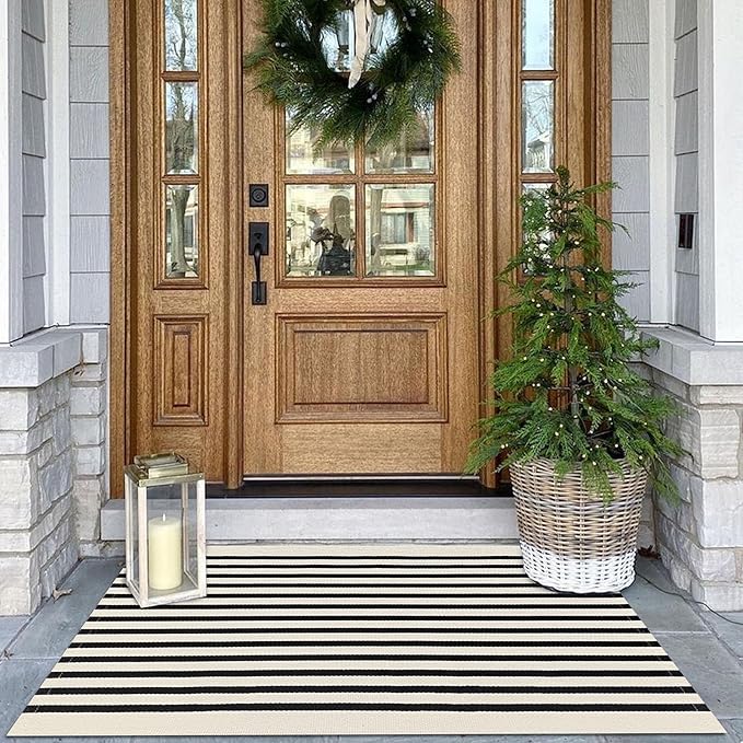 KOZYFLY Black and Beige Striped Porch Rug 27.5x43 Inches Area Rug Washable Outdoor Doormat Front Door Mat Cotton Striped Indoor Outdoor Rug for Front Door Kitchen Entryway Patio Porch