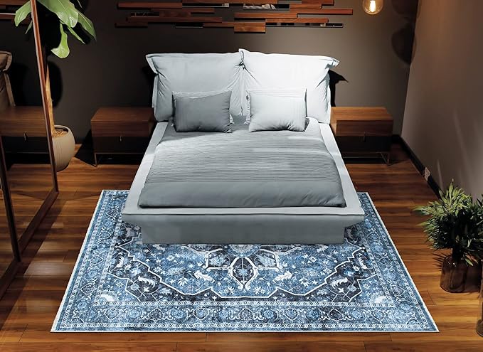 Bloom Rugs Caria Washable Non-Slip 6x9 Rug - Blue/Charcoal Traditional Area Rug for Living Room, Bedroom, Dining Room, and Kitchen - Exact Size: 6' x 9'