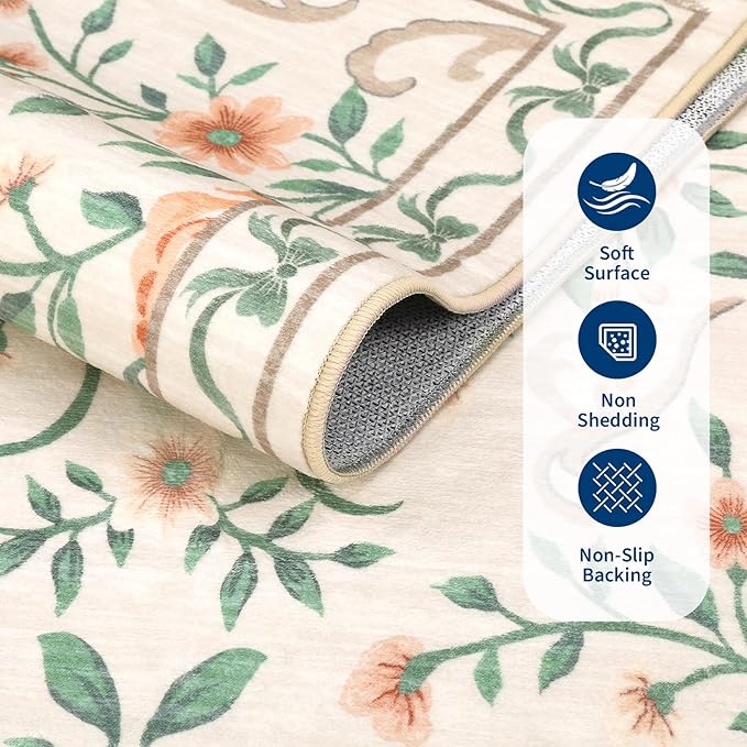 GarveeHome Washable Floral Area Rug 5x7 for Christmas Non Slip Bedroom Rug Soft Stain Resistant Large Dining Room Throw Carpet Low Pile Beige Bow Rugs Butterfly Flower Carpet for Living Room, 5x7