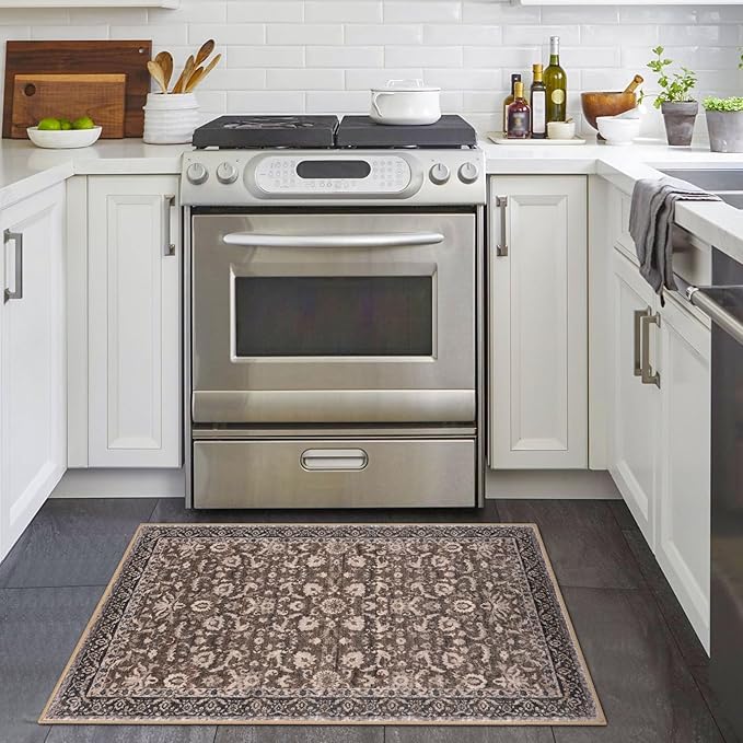 Vintage Entryway Rug 2x3 Washable, Mocha Brown Kitchen Rug, Super Soft Thin Faux Wool Small Area Rug, Non-Slip Accent Mat for Foyer, Bedroom, Office