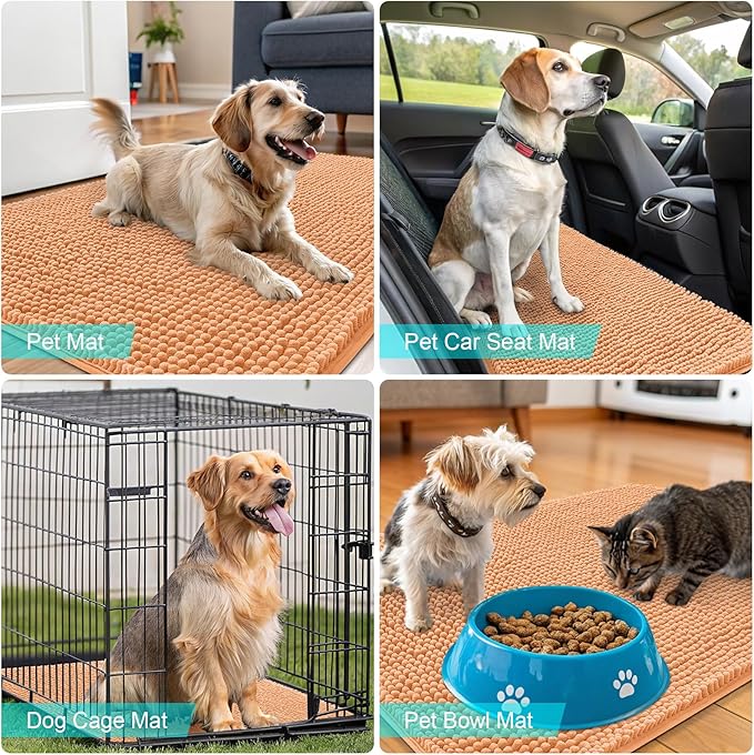 OLANLY Dog Door Mat for Muddy Paws 59x24, Absorbs Moisture and Dirt, Absorbent Non-Slip Washable Doormat, Quick Dry Chenille Mud Mat for Dogs, Entry Indoor Entryway Carpet for Inside Floor, Orange