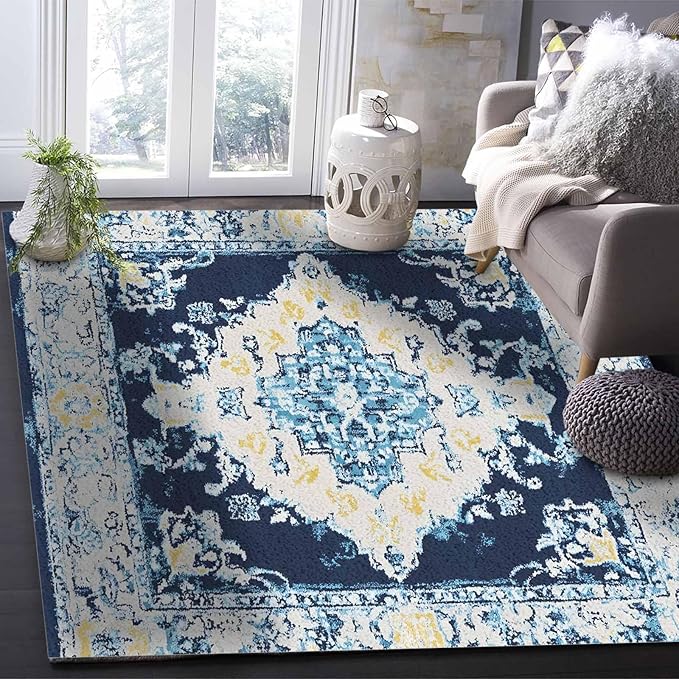 Bohemian Pattern Rectangular Area Rugs for Living Room Bedroom 2.8 x 5 ft Blue & Yellow Abstract Non-Shedding Soft Low Pile Rug Non Slip Washable Rug for Nursery Entryway Playroom