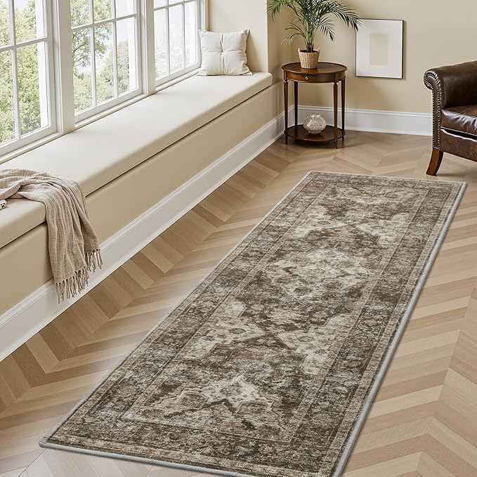 AMOAMI-2X6 Runner Rug-Washable Runners for Hallways-Soft Non Slip Bedside Rugs for Bedroom-Vintage Long Rug for Hallways Entryway Laundry Room Stair Kitchen Bathroom Light Brown/Coffee