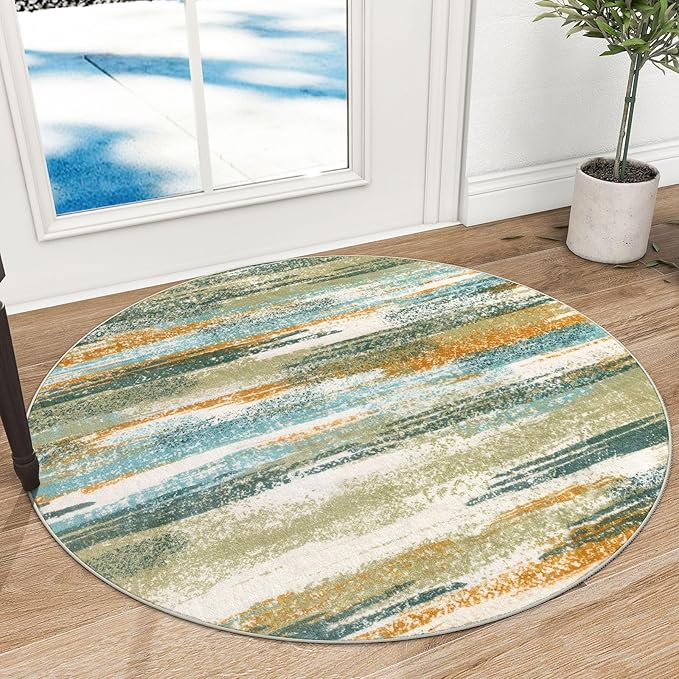 Modern Abstract Round Rug 3Ft, Green Mustard Multi Round Rug Washable Non-Slip Soft Small Circle Rug, Circular Entryway Rug Thin Print Faux Wool Carpet for Bedroom Living Room Office