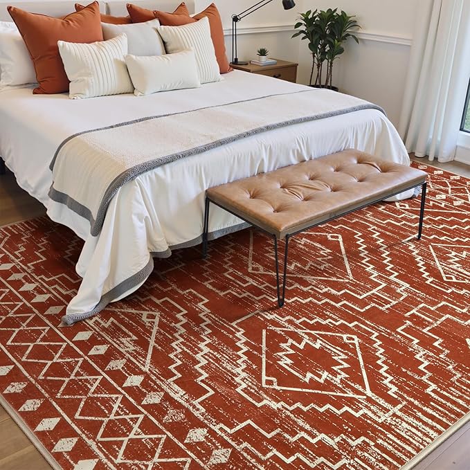 Wonnitar Moroccan 6x9 Area Rugs, Washable Brown Rugs for Living Room, Large Soft Bedroom Throw Rug, Non-Slip Stain Resistant Thin Boho Floor Carpet for Dining Room Home Office Decor (Brown,6'x9')