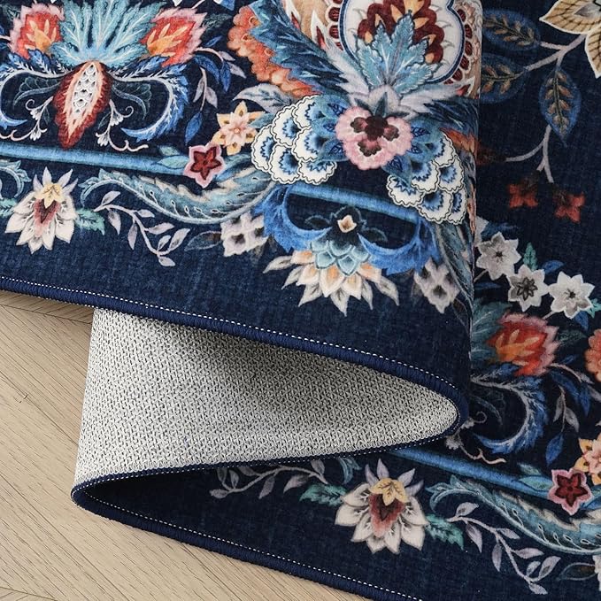 Rugcomf Vintage Paisley Rugs for Bedroom 4'x6' - Machine Washable Area Rug, Non-Slip Low Pile Floral Carpet for Girl/Boys Room, Living Room, Kids, Entry - Blue