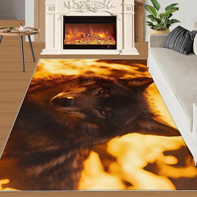 Wolf Rugs for Bedroom - 6x9 Area Rug - Timber Wolf Rugs for Living Room, Sunset Landscape Rug, Non-Slip Washable Home Decor Carpet