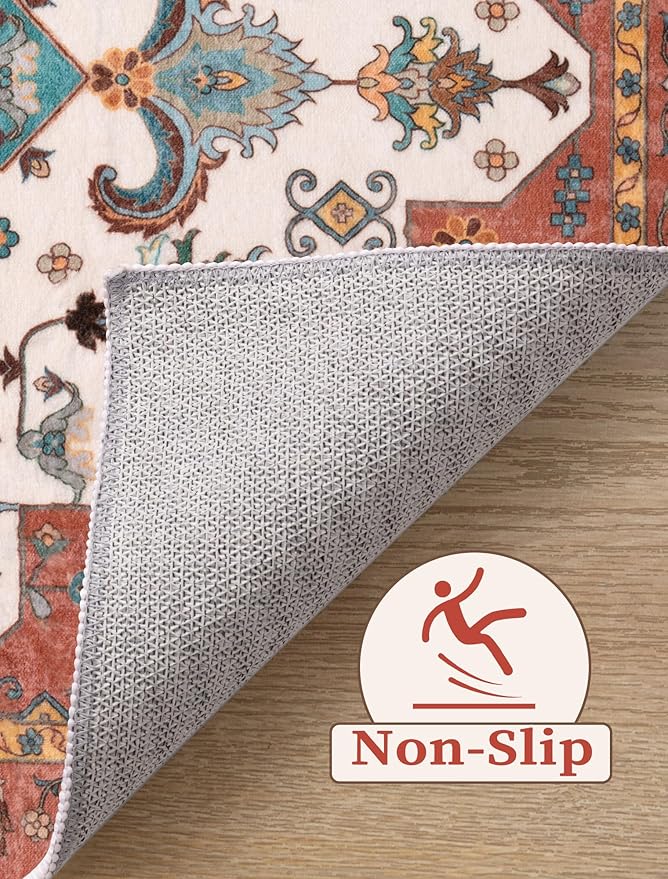 SERISSA Boho Washable Runner Rug, 2x5 Rug Non-Slip Vintage Orange Hallway Kitchen Runner Rug Ultra Soft Print Distressed Floor Carpet for Bedroom Bathroom Laundry Living Room