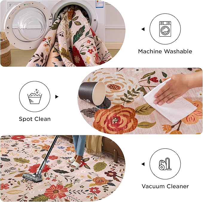 Living Room Rug 8x10 Rug Machine Washable Boho Area Rug Non Slip Floral Vintage Low Pile Large Rugs for Living Room, Bedroom, Farmhouse, Dining Room (Beige)