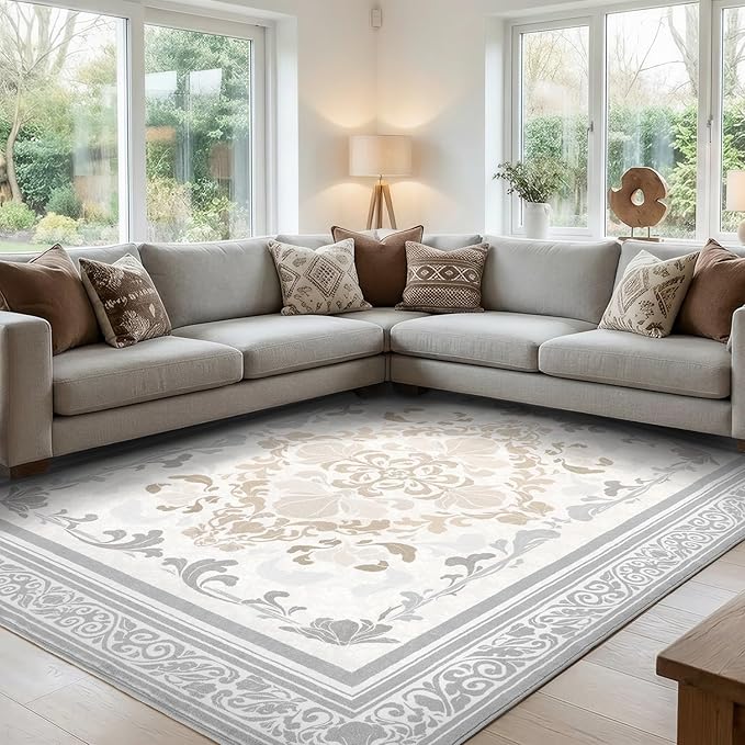 SOULFUL Medium Pile 3x5 Area Rug - Soft Foot Feel Small Entryway Rug - Light Taupe Boho Floral - Washable Non-Slip - Perfect for Living Room Bedroom Foot Kids Room Reading Nook
