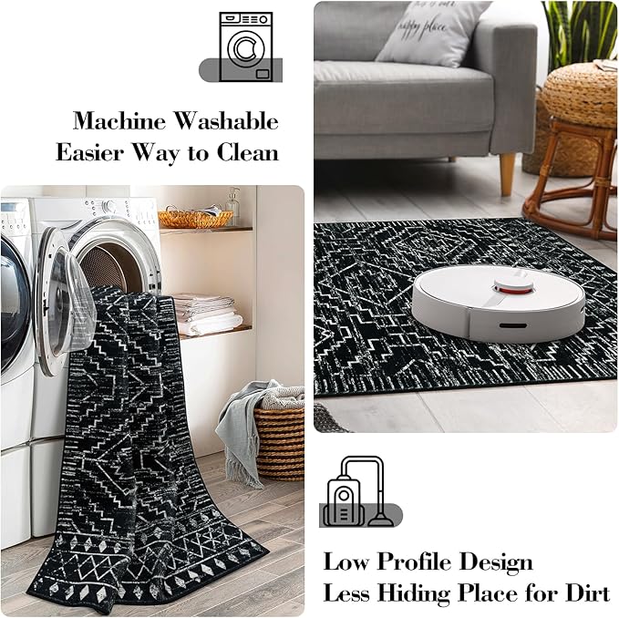 Wonnitar Washable Runner Rugs for Hallway 2'6"x10', Moroccan Non-Slip Black Long Kitchen Runner, Low Pile Boho Soft Carpet Runner for Entrance Living Room Entryway Bedroom (Black,2'6"x10')