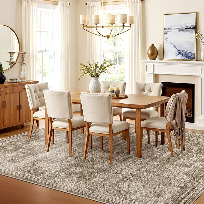 WITSHOCK 9x12 Area Rugs for Living Room: Machine Washable Non Slip Modern Abstract Carpet - Low Pile Print Rug for Bedroom Dining Room - Stain Resistant for Household - Pet Owners (Earthy Brown)