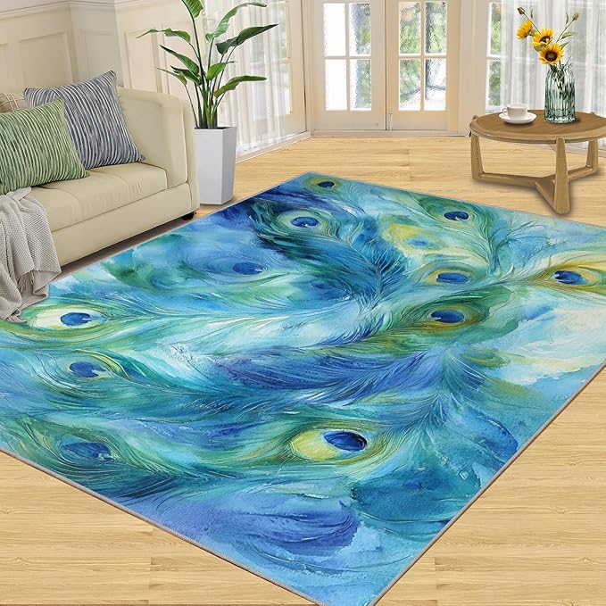 Peacock Feather Rug 3x5-3x5 Rug, Teal Turquoise Area Rugs for Bedroom, Malachite Green Feather Rugs for Living Room, Peafowl Washable Mat, Peacock Feather Carpet - Peafowl Home Decor & Gifts
