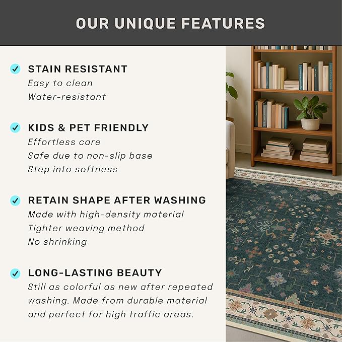 Dark Green Vintage Living Room Rug 9x12 - Boho Unique Floral Victorian Decor, Washable Low Pile Non-Slip Extra Large Area Rugs for Dining Under Table Bedroom